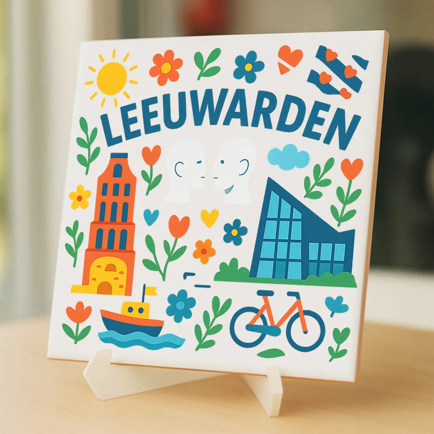 Kleurig leeuwarden cadeau tegeltje met blauwe letters en vrolijke bloemen en architectuur motieven