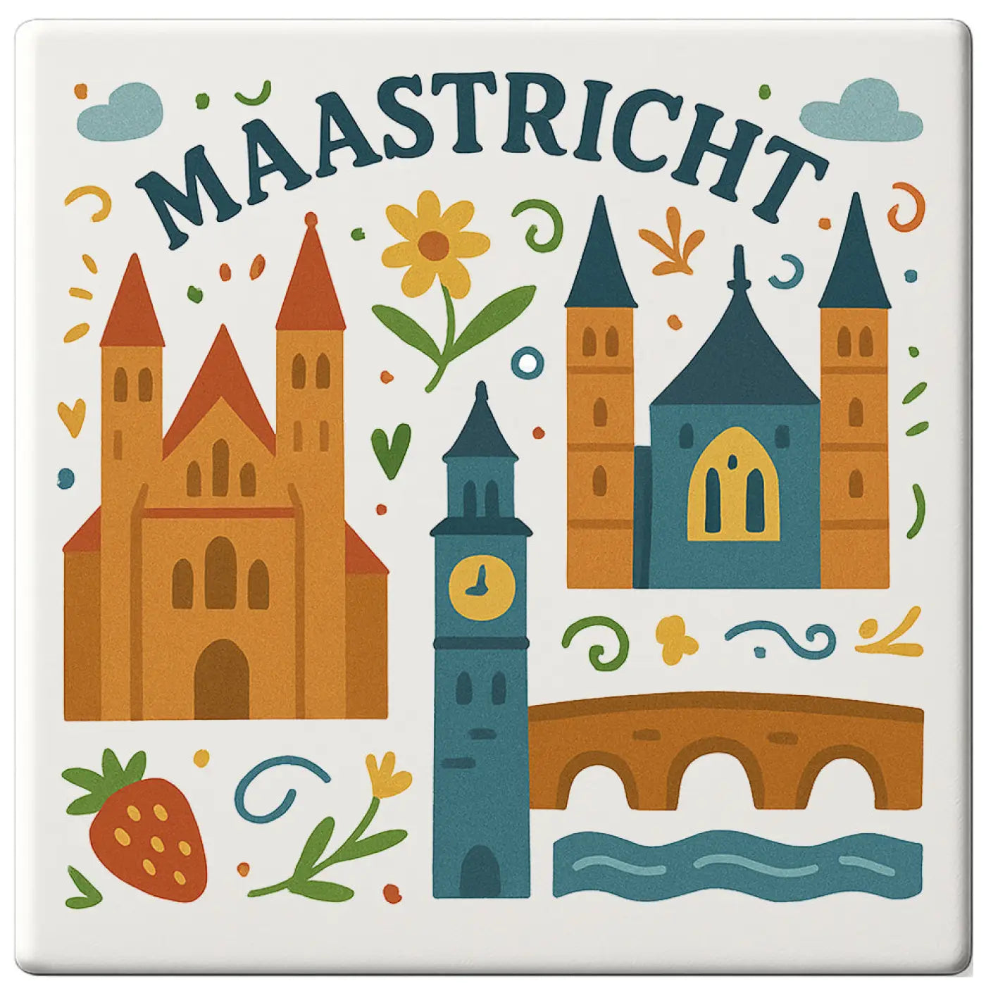 Een vierkante keramische onderzetter met kleurrijke illustratie van maastrichtse bezienswaardigheden in oranje en teal