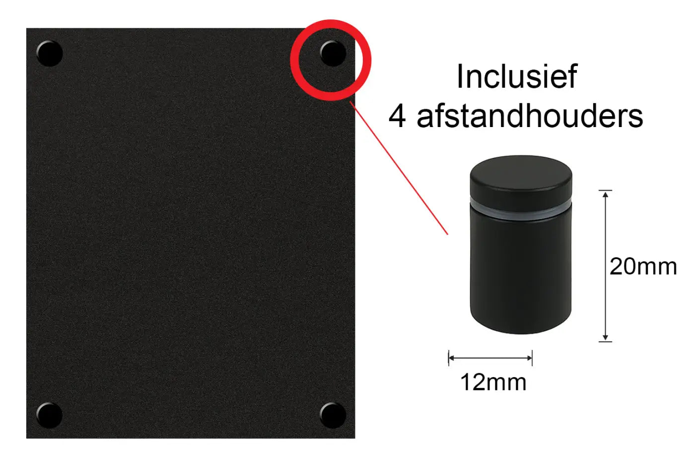 Zwart cilindrisch muurbeugelafstandhouder 20mm hoog 12mm diameter voor naambordje voordeur voetbal amsterdam