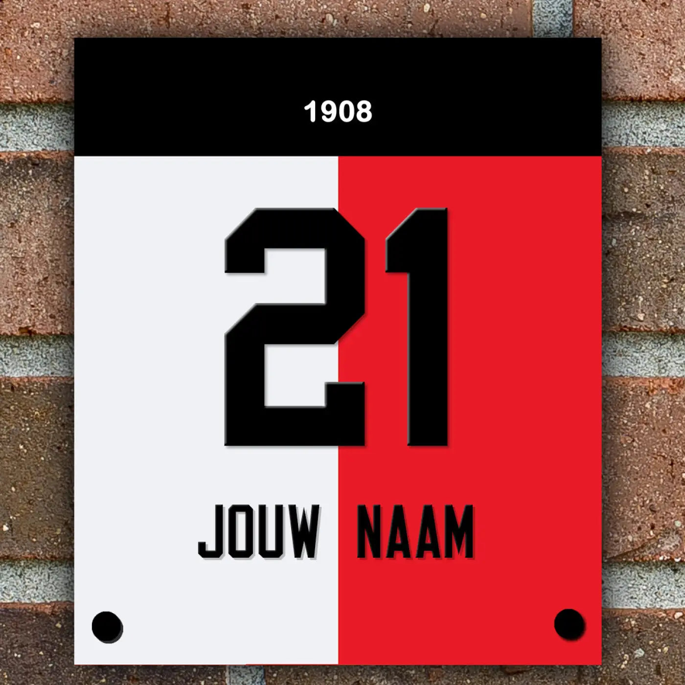 Een modern naambordje voordeur met een zwart-wit-rood voetbalontwerp van Rotterdam met jaar 1908 en nummer 21