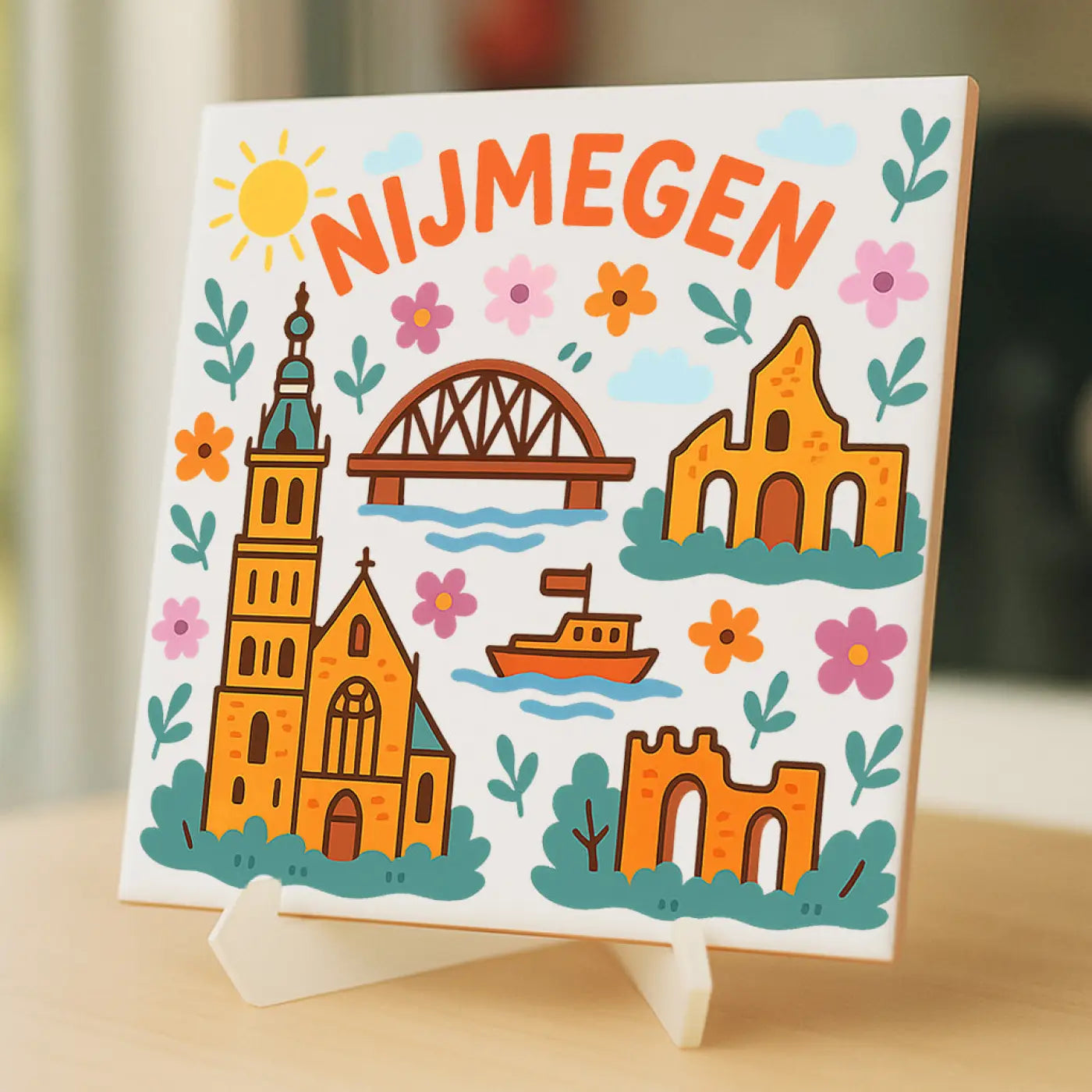 Kleurig geïllustreerd nijmegen cadeau tegeltje met oranje letters en cartoonstijl kerken bloemen en bruggen