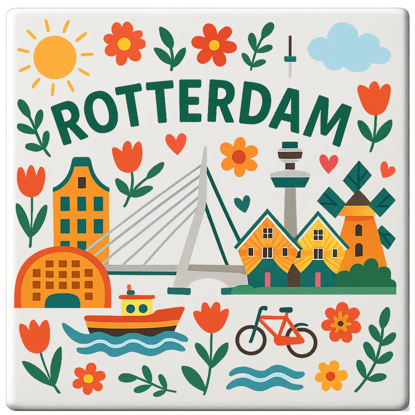 Een vierkante keramische Rotterdam cadeau tegeltje met kleurrijke illustratie van oranje tulpen, groene gebouwen en iconische bezienswaardigheden zoals de Erasmusbrug en molens
