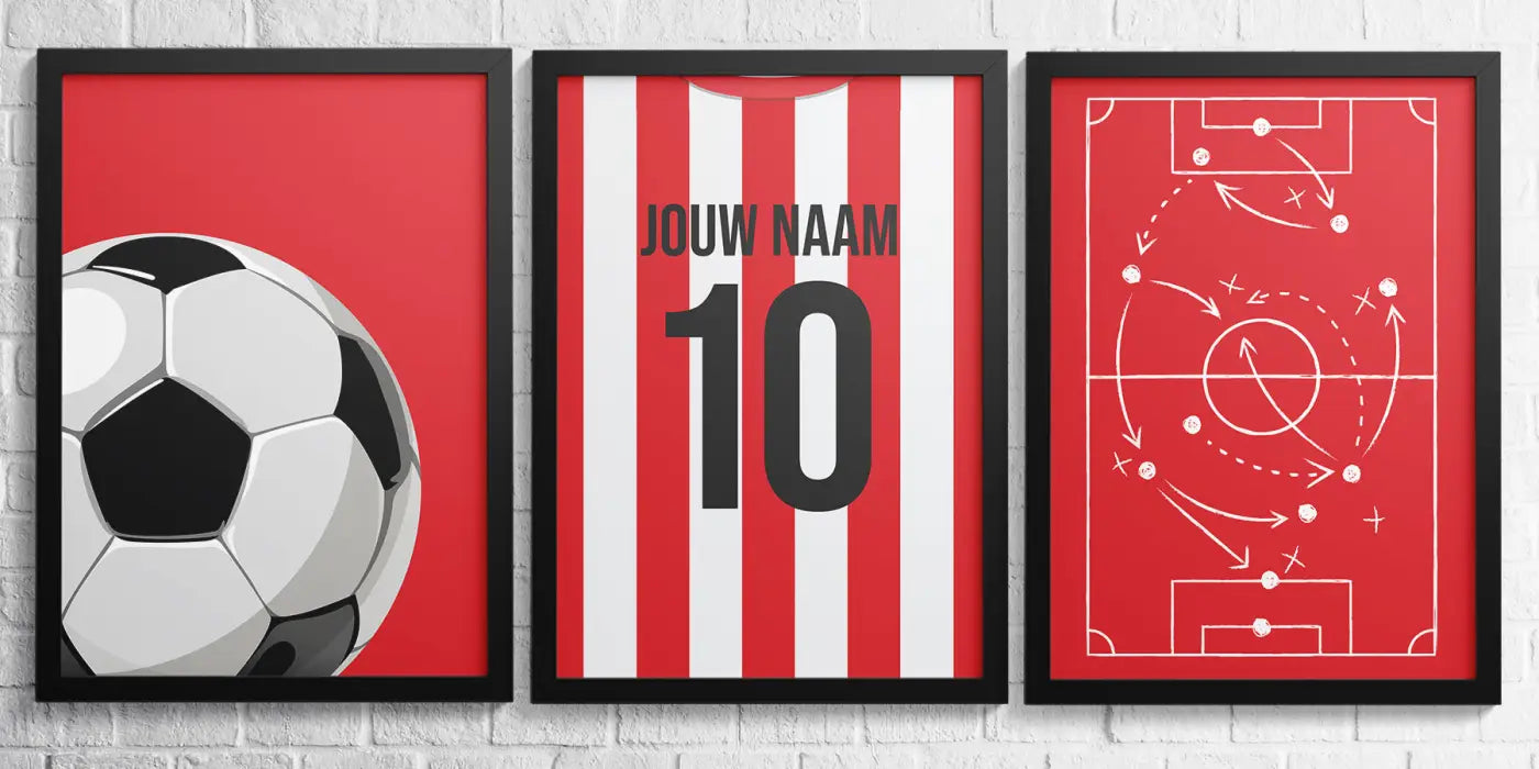 Rotterdam kasteel 3-delige posterset met rood witte gestreepte voetbalshirtposter en nummer 10 zichtbaar