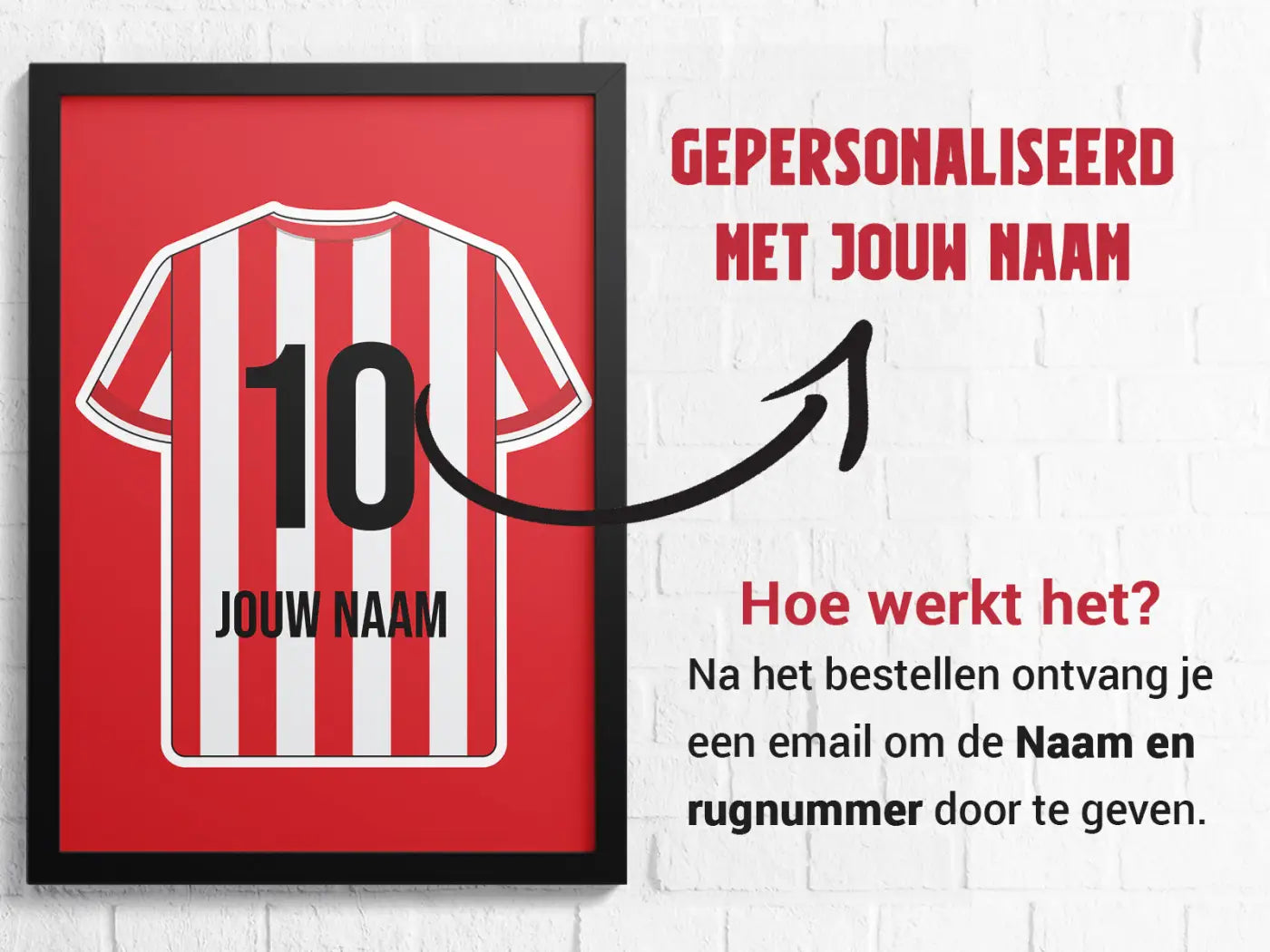 Rood wit gestreepte voetbalshirt print in lijst met nummer 10 uit rotterdam kasteel star collectie posterset