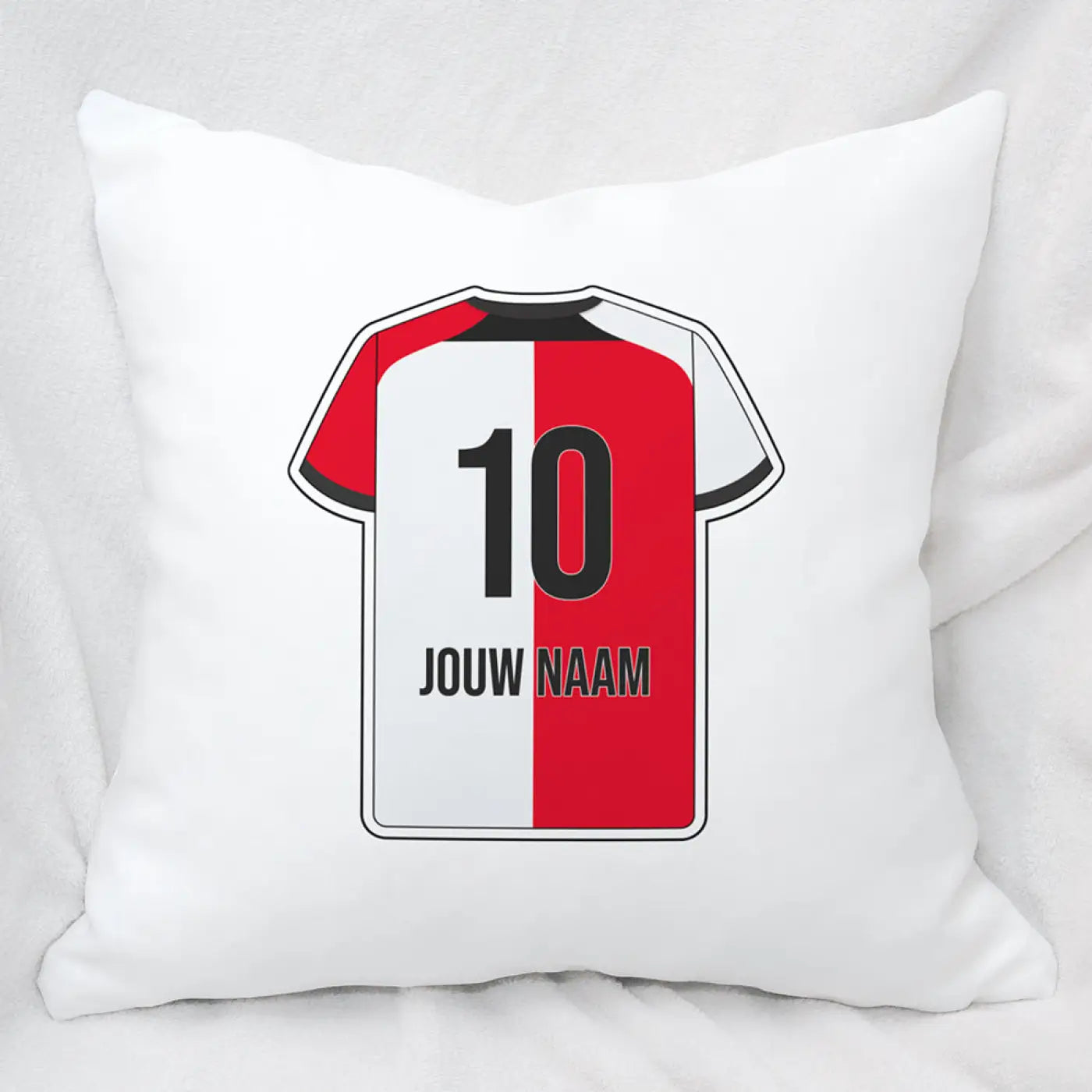 Wit rotterdam voetbal kussen met rood wit voetbalshirt nummer 10 en tekst jouw naam bedrukt
