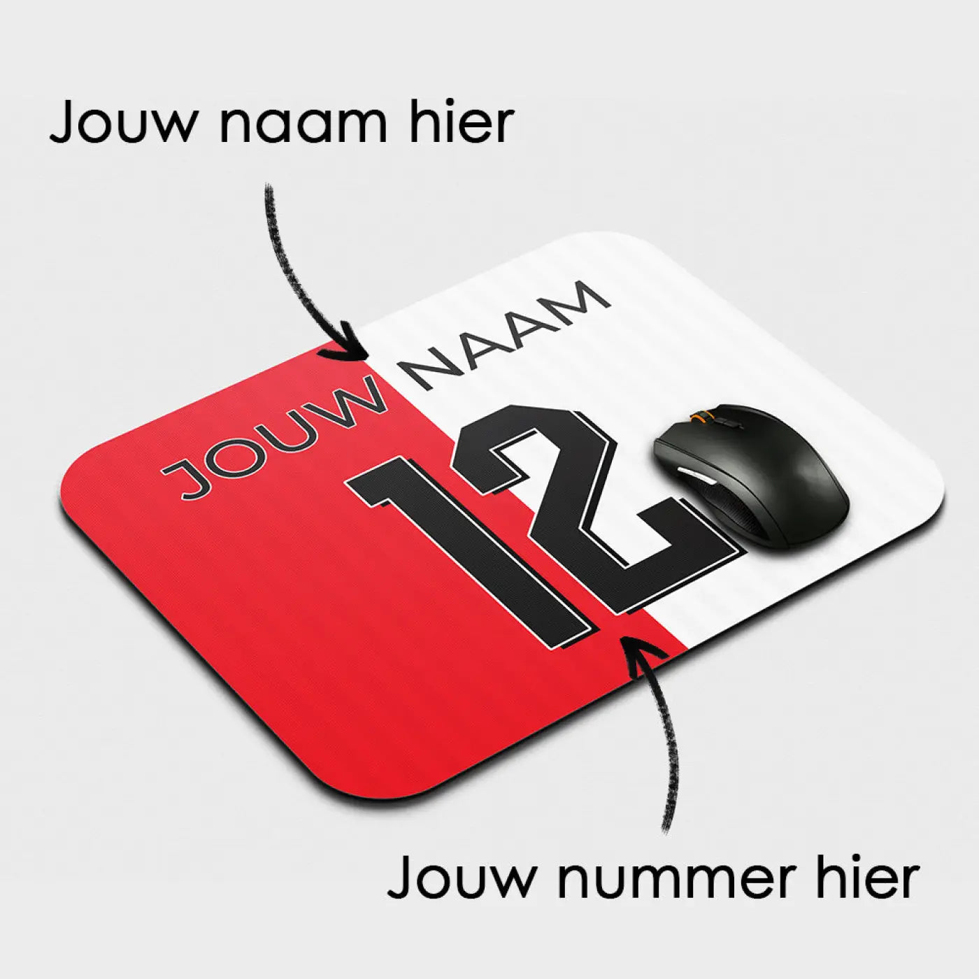 Rood-witte gepersonaliseerde muismat met zwarte naam en nummer in sportief shirtstijl voor rotterdam voetbal