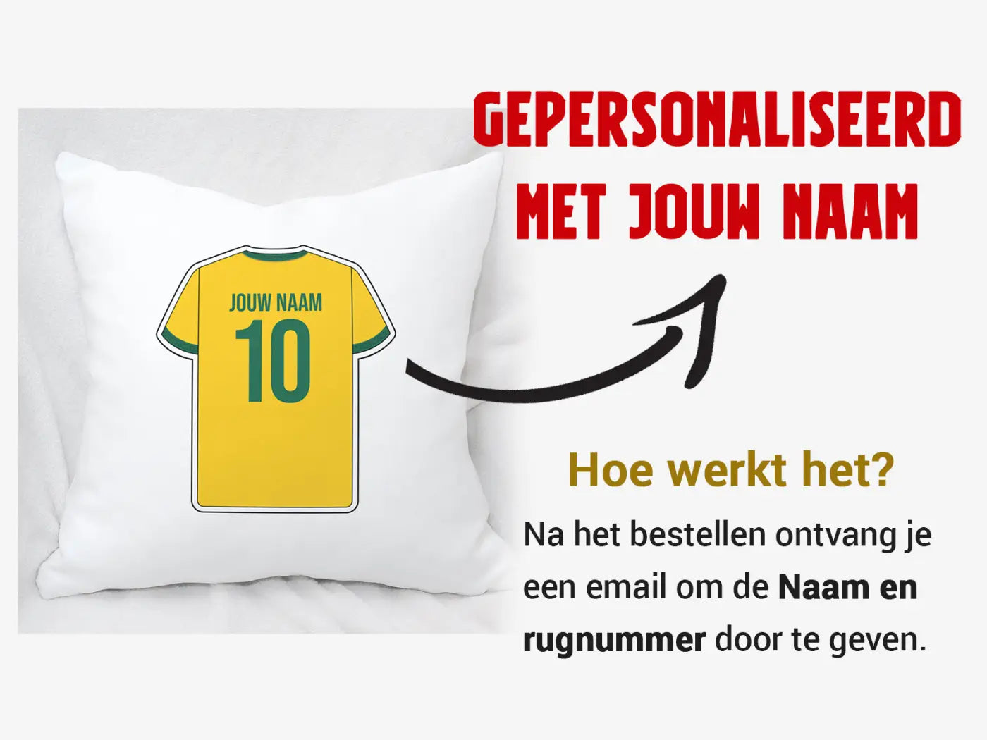 Wit kussen met bedrukte geelgroene sittard voetbalshirt print nummer 10 en aanpasbare tekst