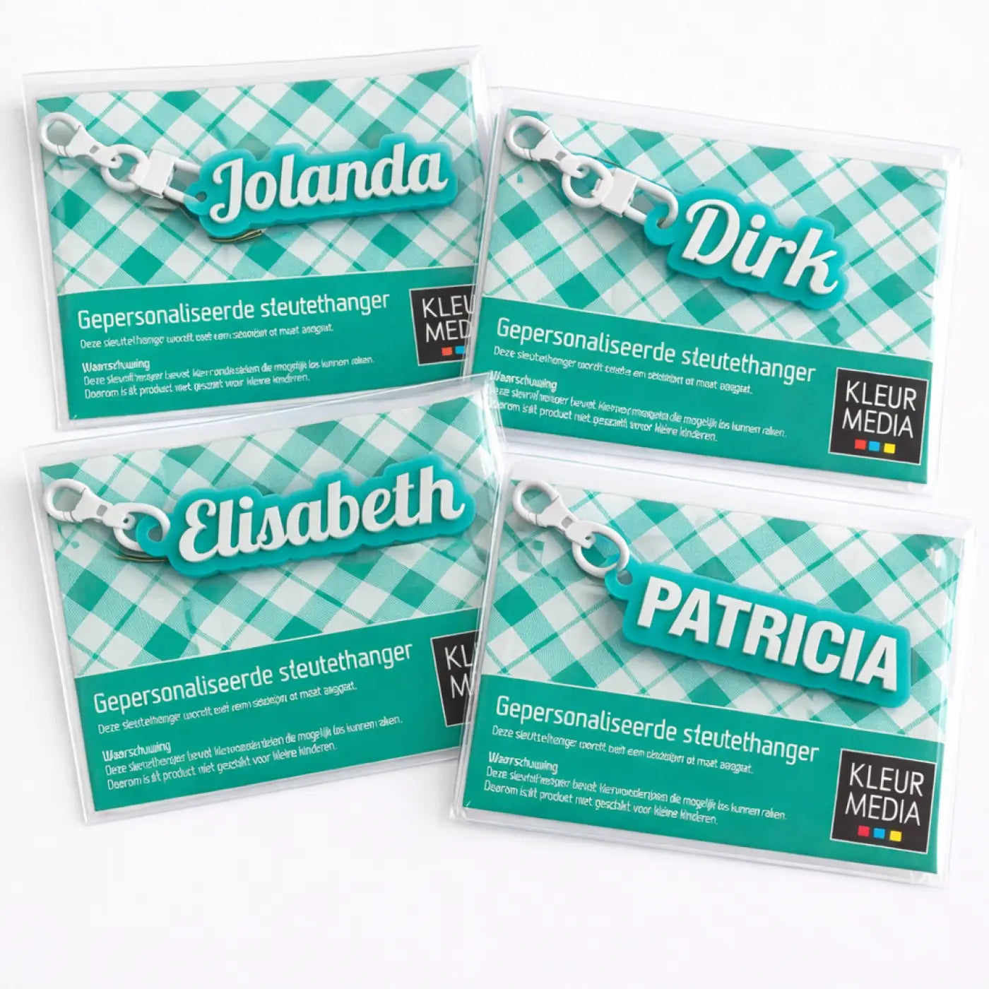 Teal en witte gepersonaliseerde sleutelhanger met naam groen en zilverkleurige metalen sluiting