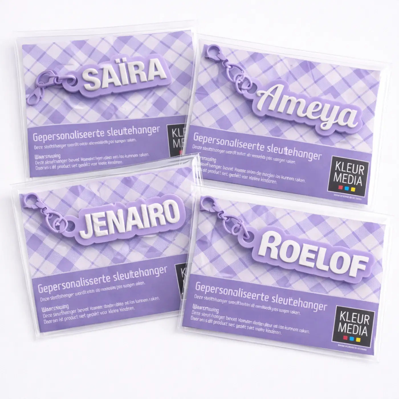 Sleutelhanger met naam lila paars met gepersonaliseerd naamplaatje ontwerp