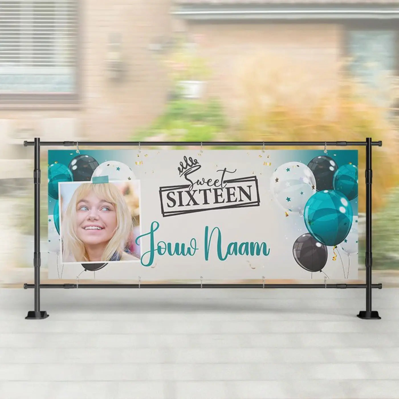 A customizable teal and black sweet sixteen party banner with photo, balloons, and placeholder text jouw naam
