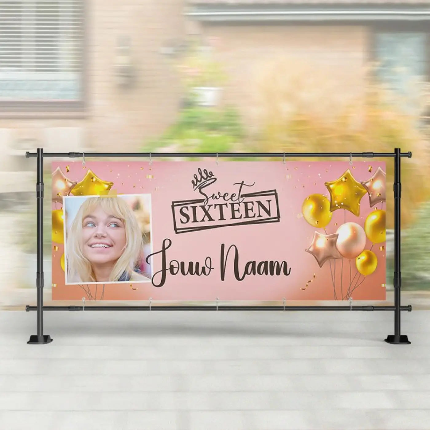 Spandoek sweet sixteen met goud roze ballonnen en sterren, foto placeholder en naamveld voor 16 jaar feest