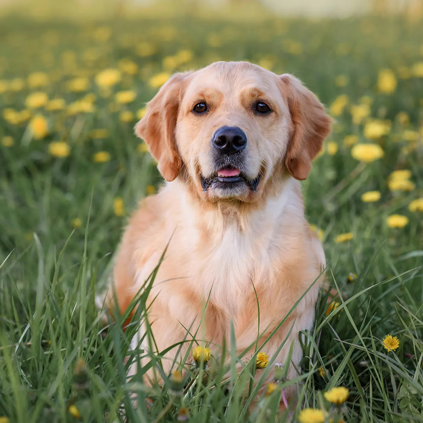 Tegeltje delfts blauw 15 x 15 cm met afbeelding van een golden retriever in groen gras met gele paardenbloemen
