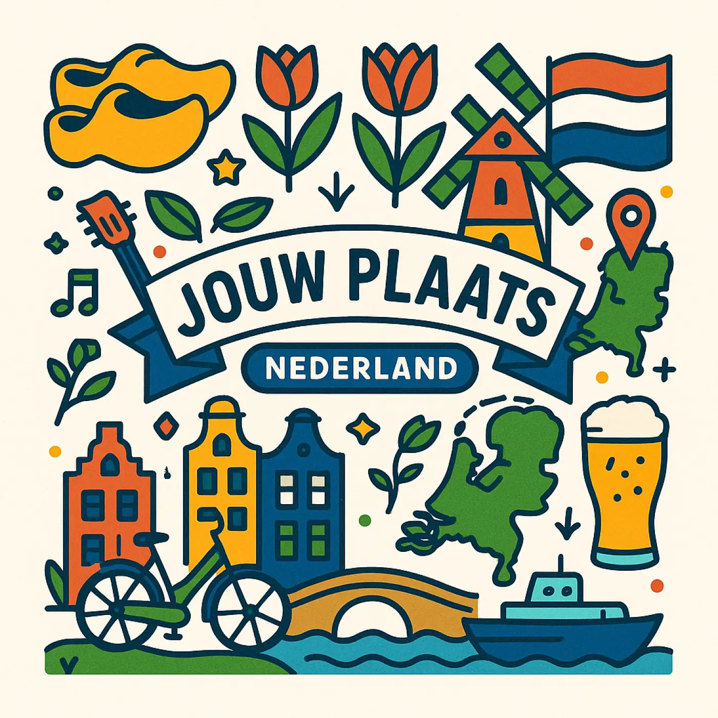 Kleurrijk geïllustreerd tegeltje met hollandse iconen zoals tulpen windmolens en de nederlandse vlag
