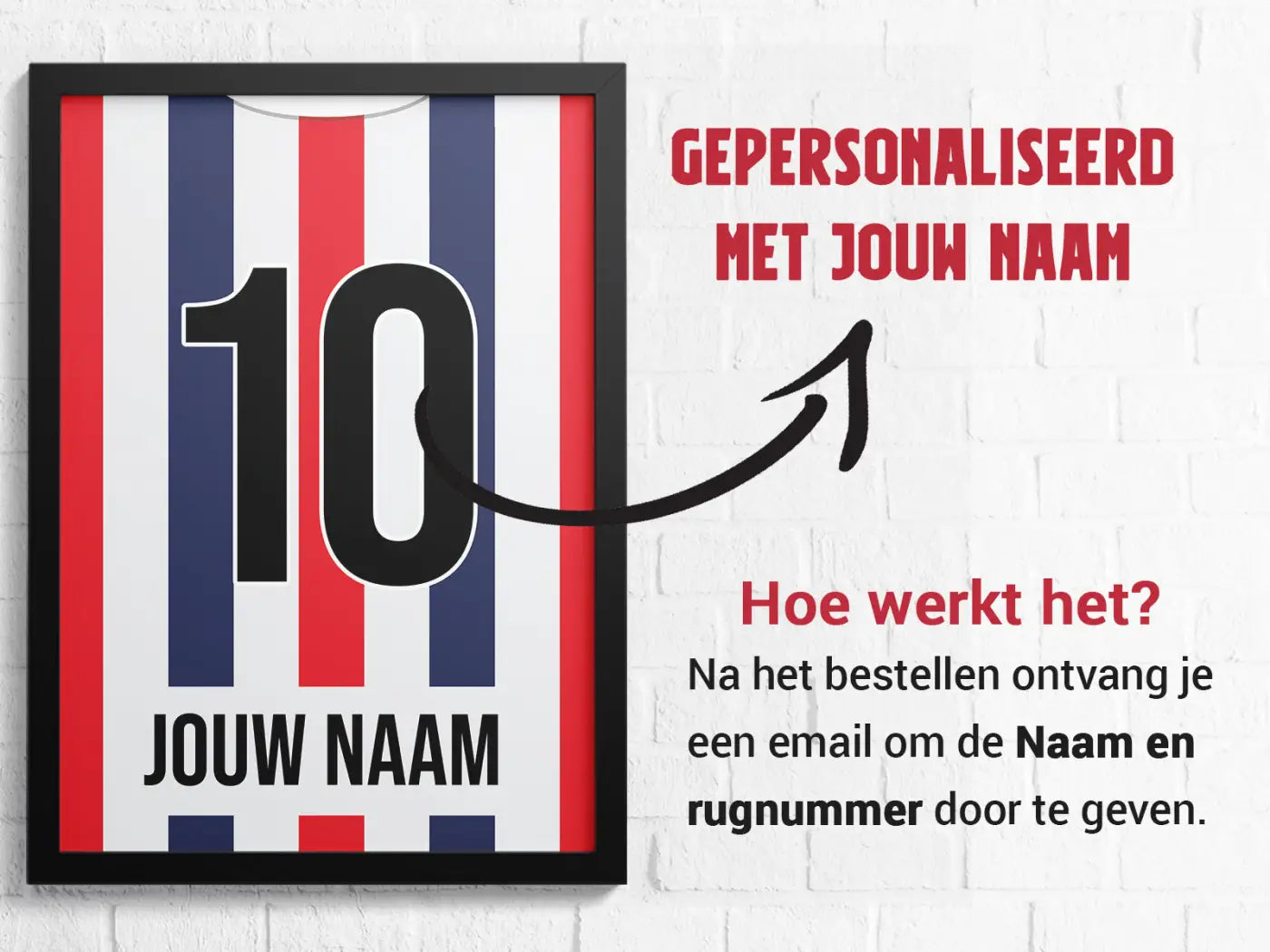 Een ingelijste poster van een stylized voetbalshirt met rood-wit-blauwe strepen en nummer 10 uit de tilburg 3-delige posterset goal collection