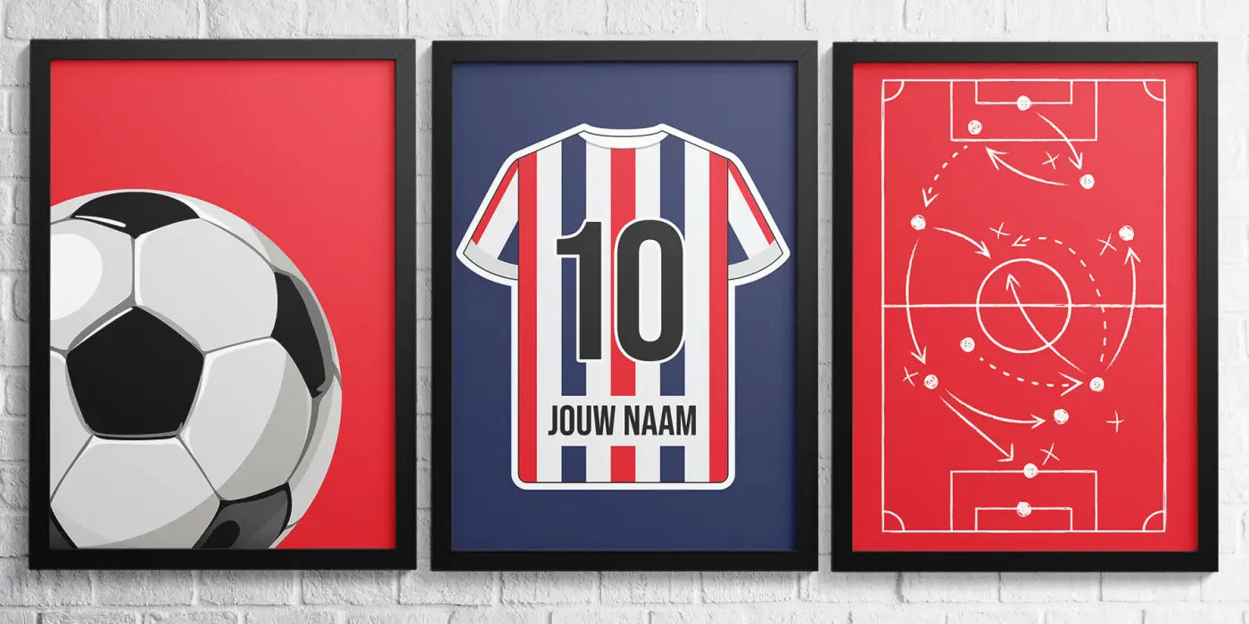 Tilburg 3-delige posterset met zwart-wit voetbaldessin op een levendige rode achtergrond uit de star collectie