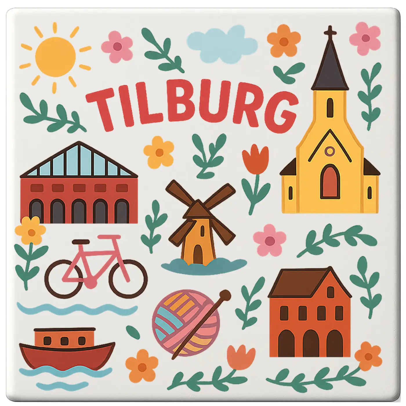 Kleurrijke geïllustreerde tegel onderzetter tilburg met kerk, windmolen, fiets en bloemen in cadeau stijl