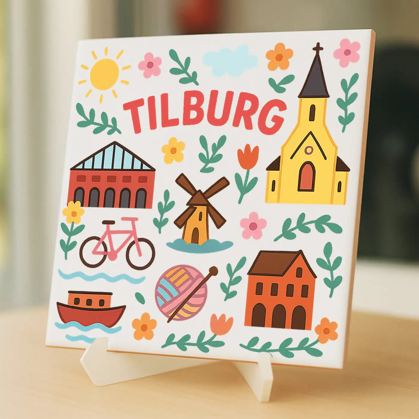 Kleurrijk illustratief tegelcadeau met het woord tilburg rood en tekeningen van kerk molen fiets boot