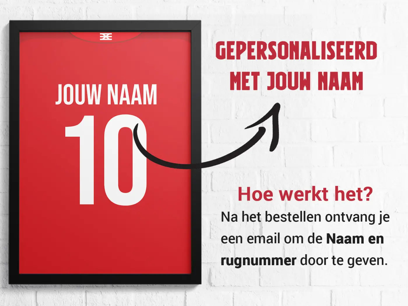 Rode ingelijste poster met gepersonaliseerd voetbalshirt ontwerp nummer 10 wit in twente 3-delige posterset goal collection