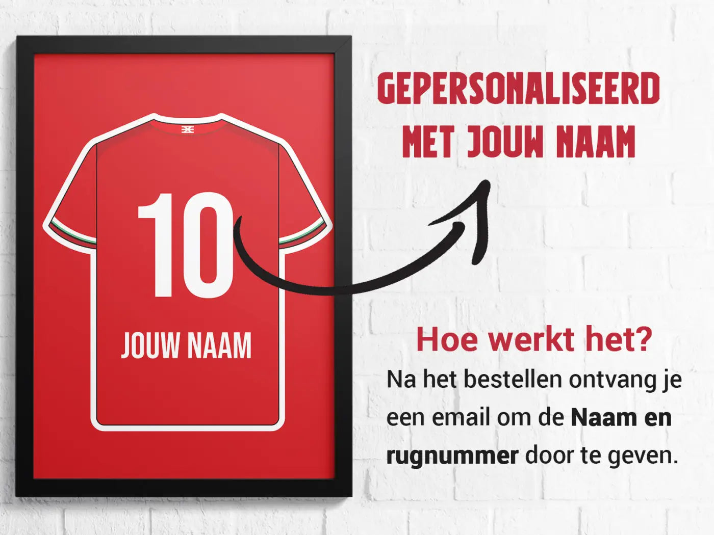 Rood omlijnde poster met witte contour van rood voetbalshirt nummer 10 en naam naar keuze twente 3-delige posterset star collection