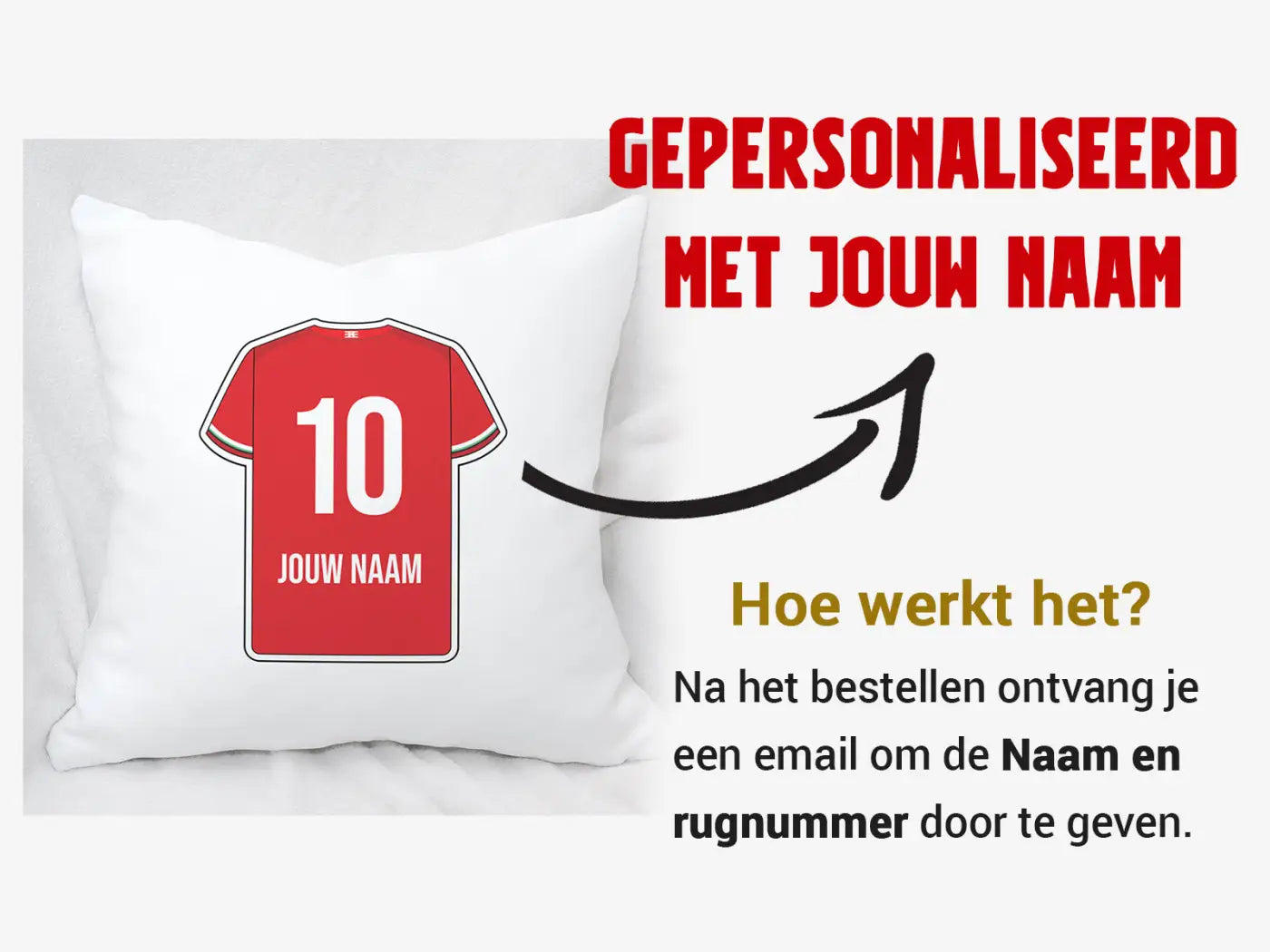 Wit twente voetbal kussen met rode voetbalshirt print nummer 10 en gepersonaliseerde tekst jouw naam