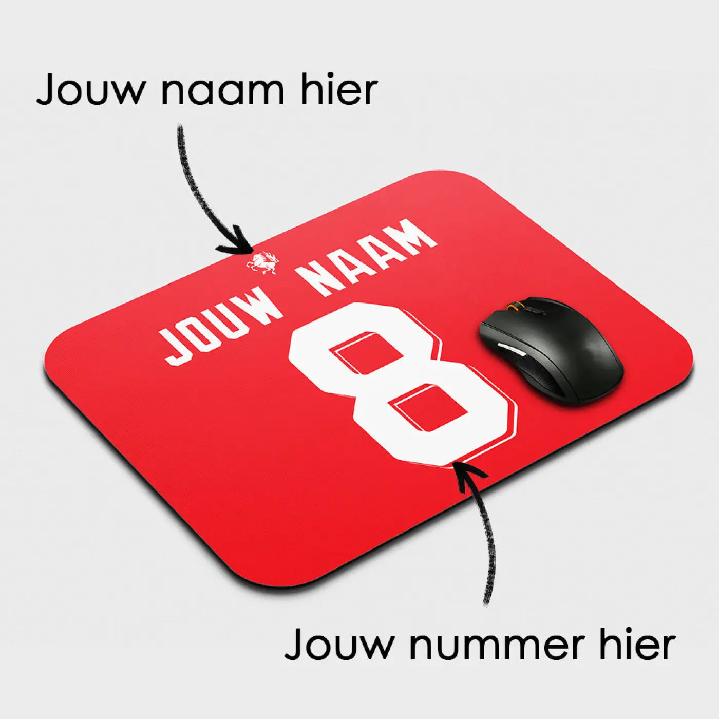 Rode rechthoekige muismat met afgeronde hoeken en grote witte nummer 8 plus tekst jouw naam voor twente voetbal
