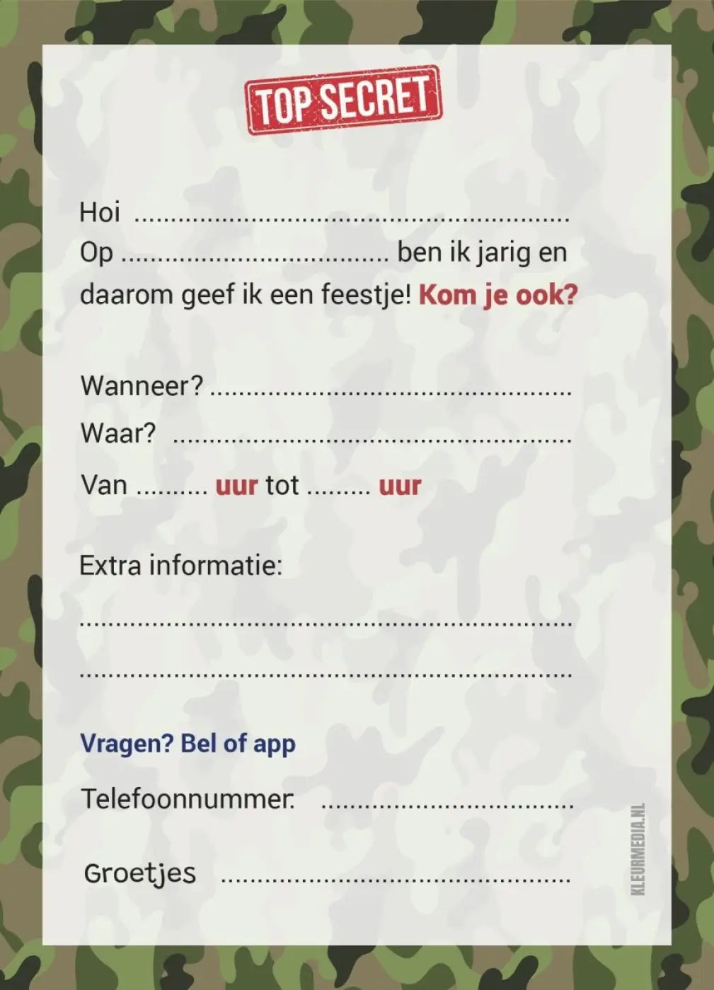 Uitnodiging kinderfeestje Camouflage - kinderfeestjes