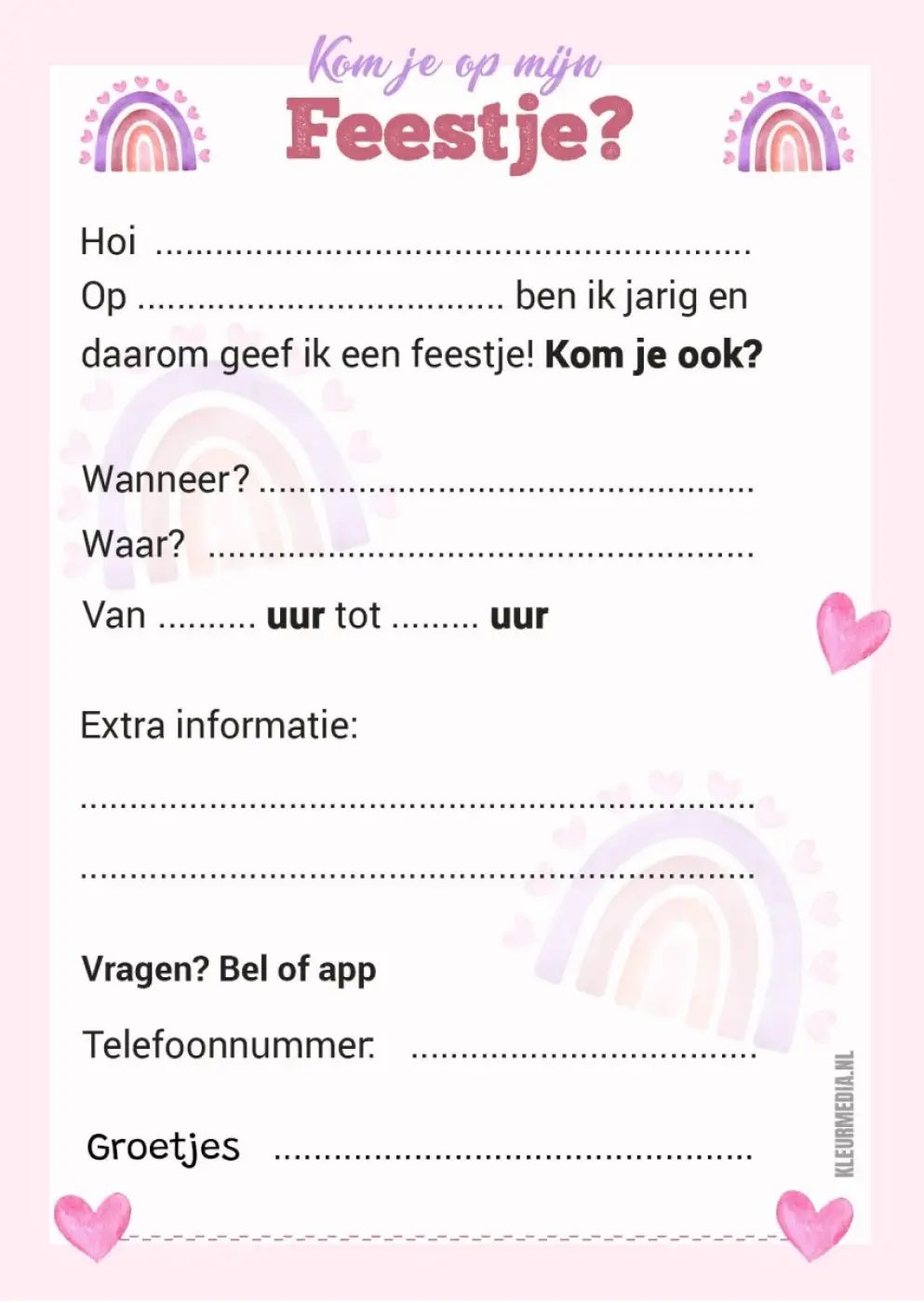 Uitnodiging Kinderfeestje Roze Regenboog - Kleurmedia Uitnodiging Kinderfeestje Roze Regenboog kinderfeestjes