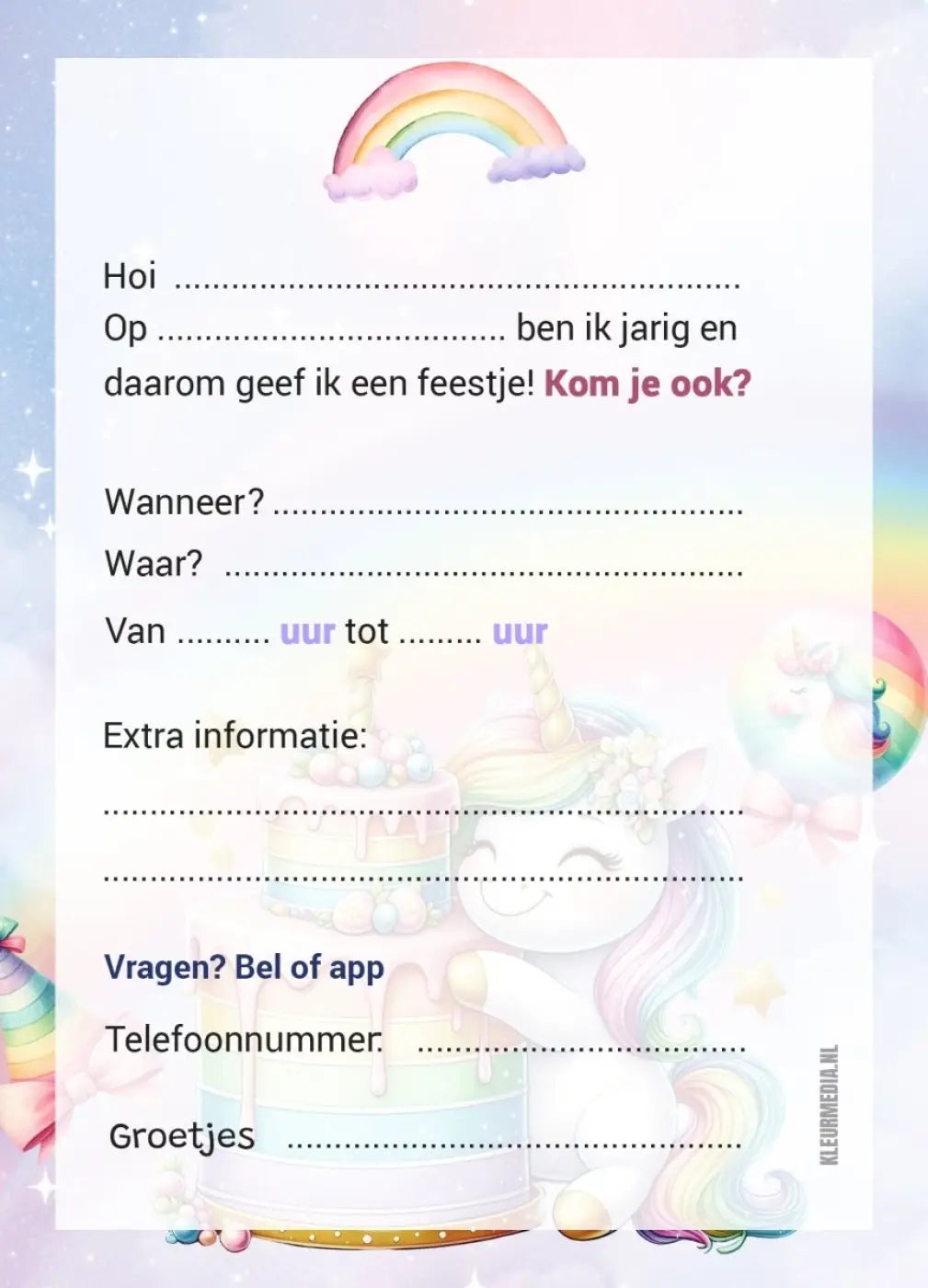 Uitnodiging kinderfeestje Unicorn - kinderfeestjes