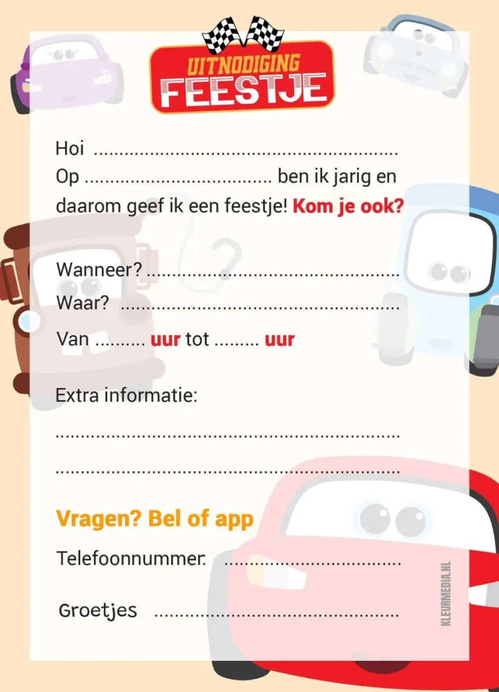 Uitnodiging Kinderfeestje Vrolijke Cars - kinderfeestjes