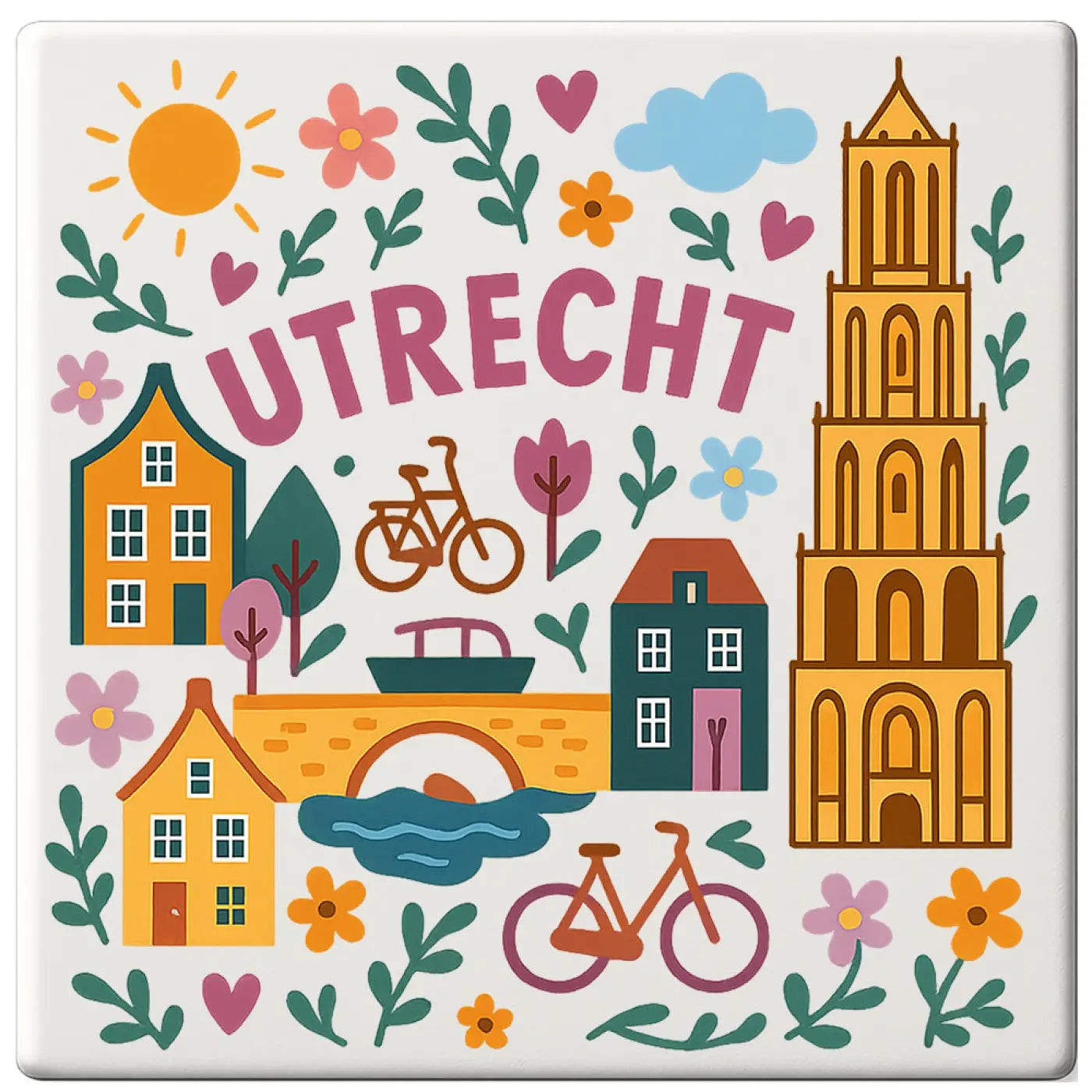 Kleurrijke geïllustreerde Utrecht cadeau tegeltje met roze letters en cartoon gebouwen en fietsen op wit achtergrond
