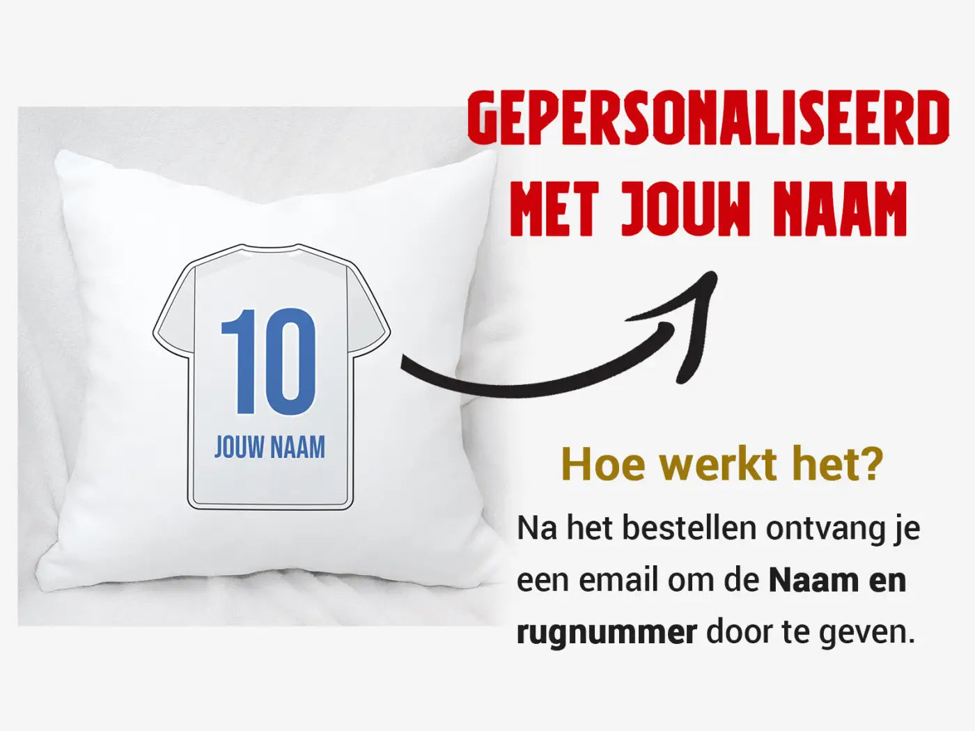 Wit kussen met bedrukte voetbalshirt graphic nummer 10 en tekst jouw naam blauw voor zwolle fans
